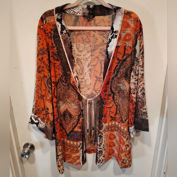 John Mark Multiprint Colorful Tie Front Kimono Cardigan Sz XL Boho Festival - Picture 1 of 7